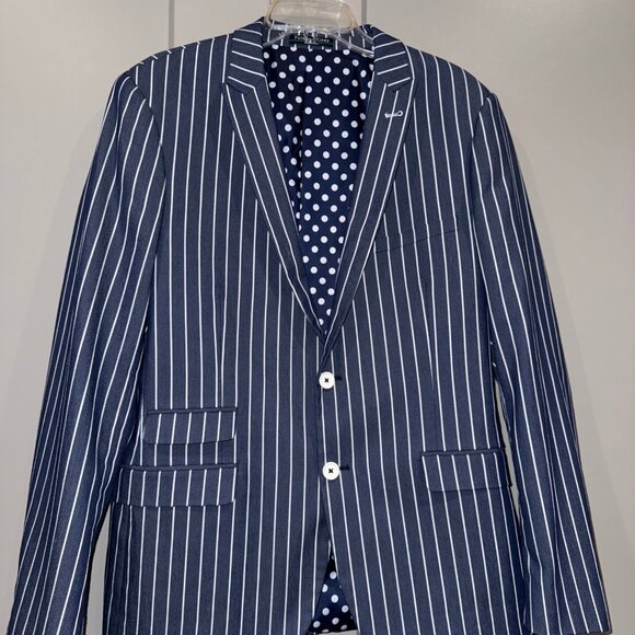 Paisley & Gray Mens 42R Two Button Blue Blazer Jacket Polka Dot Patch Slim Fit